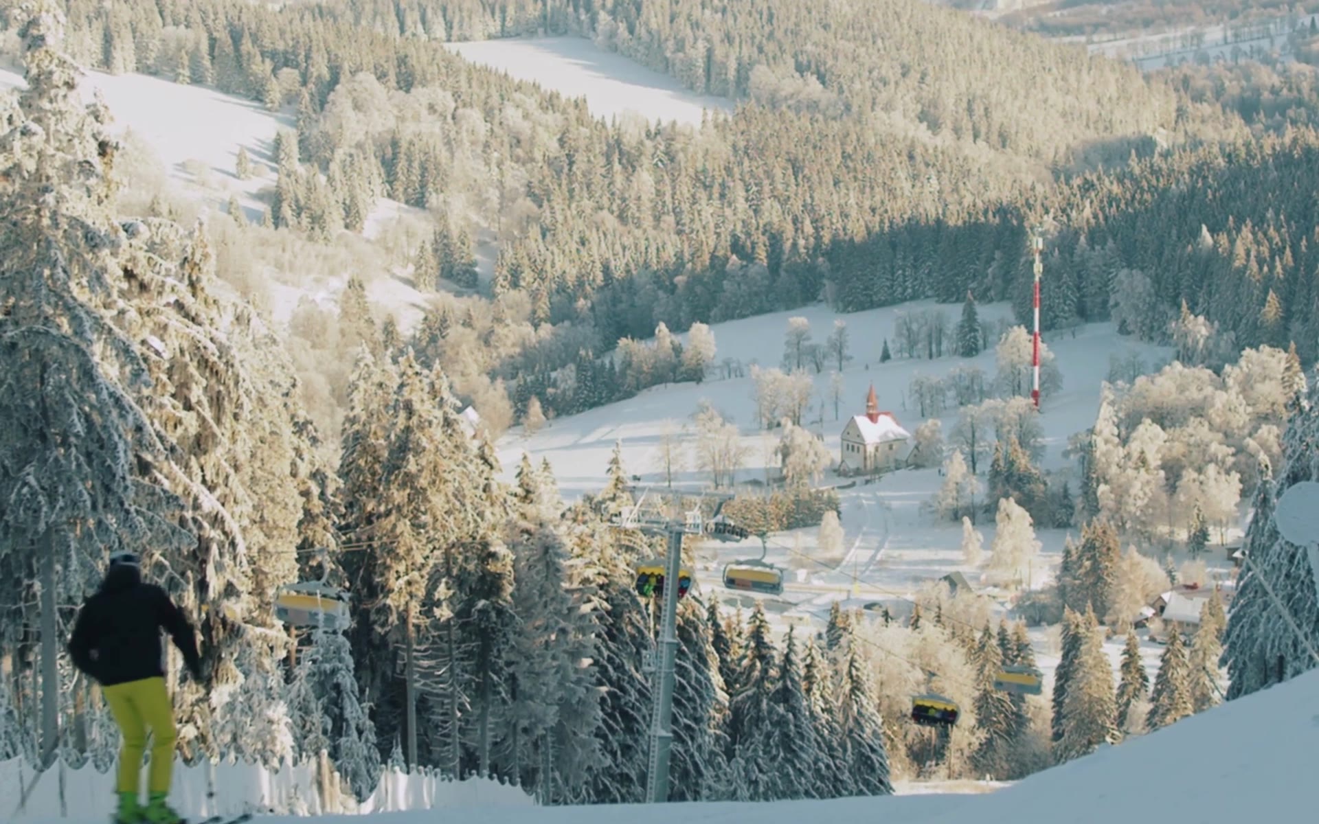 Snow-covered ski trails and evergreens